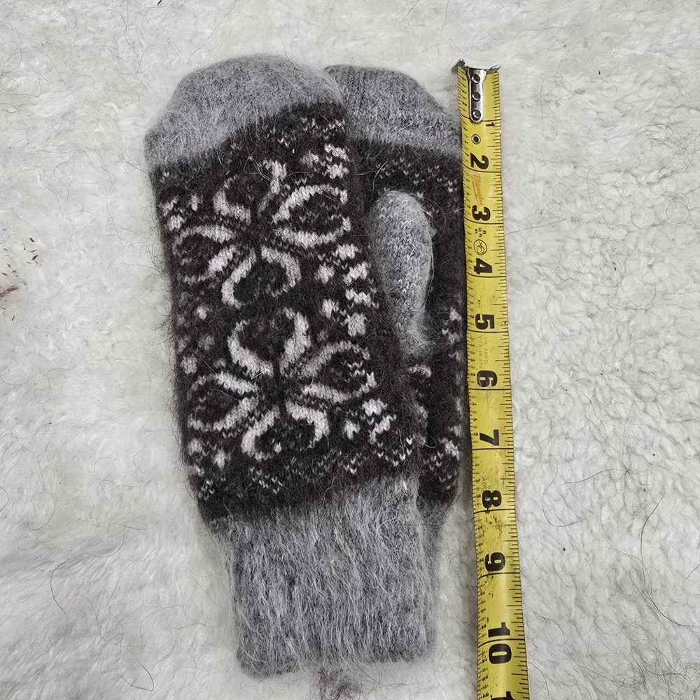 Handmade Goat Down Mittens Grey Brown Flower Pattern‎ Winter Warm Hand Knitted